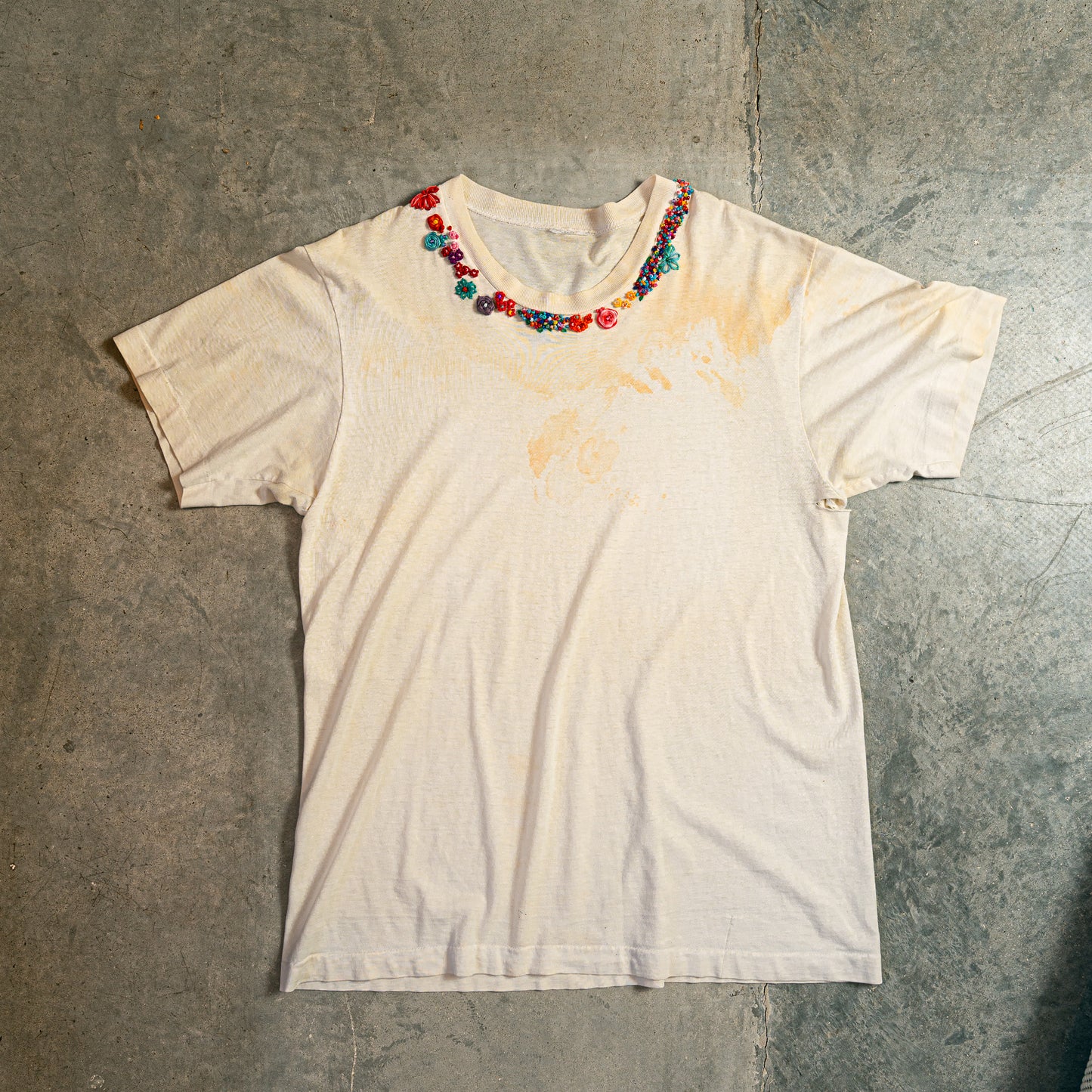 Vintage plain, coffee stained tee with new hand embroidered flowers