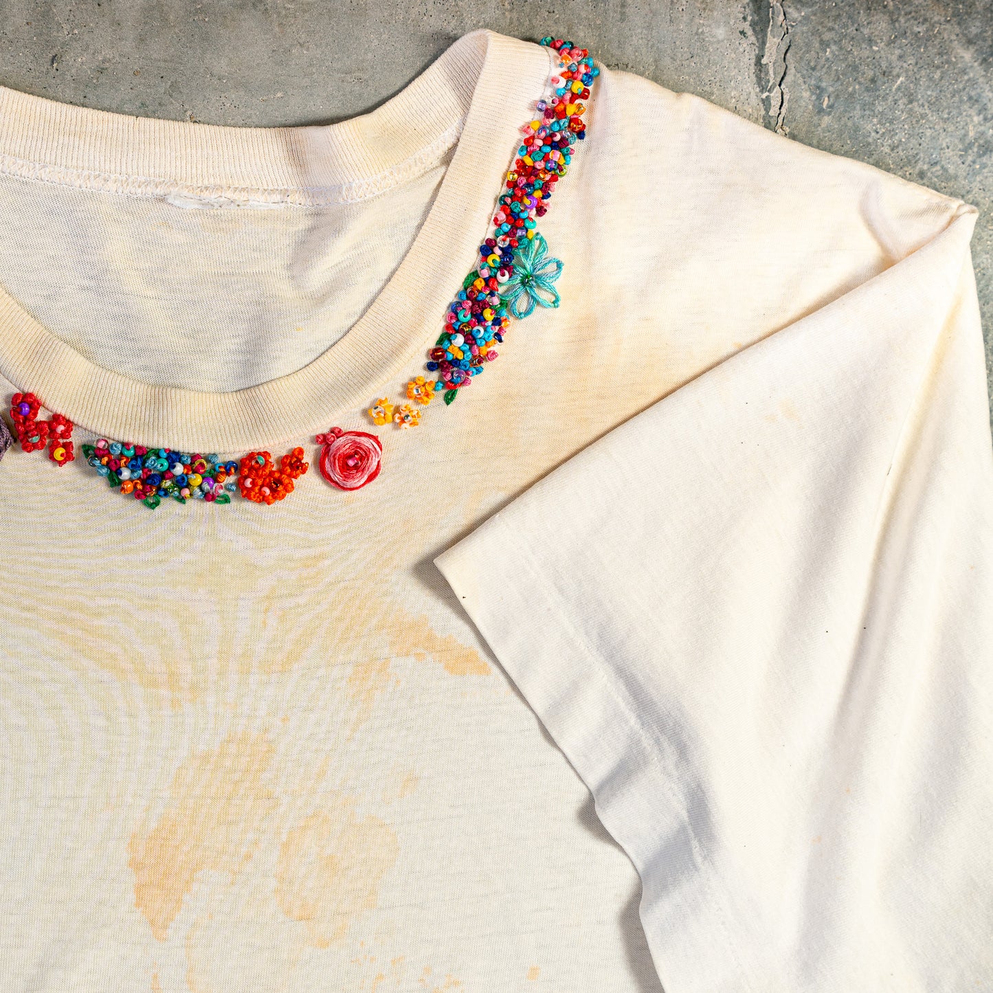 Vintage plain, coffee stained tee with new hand embroidered flowers
