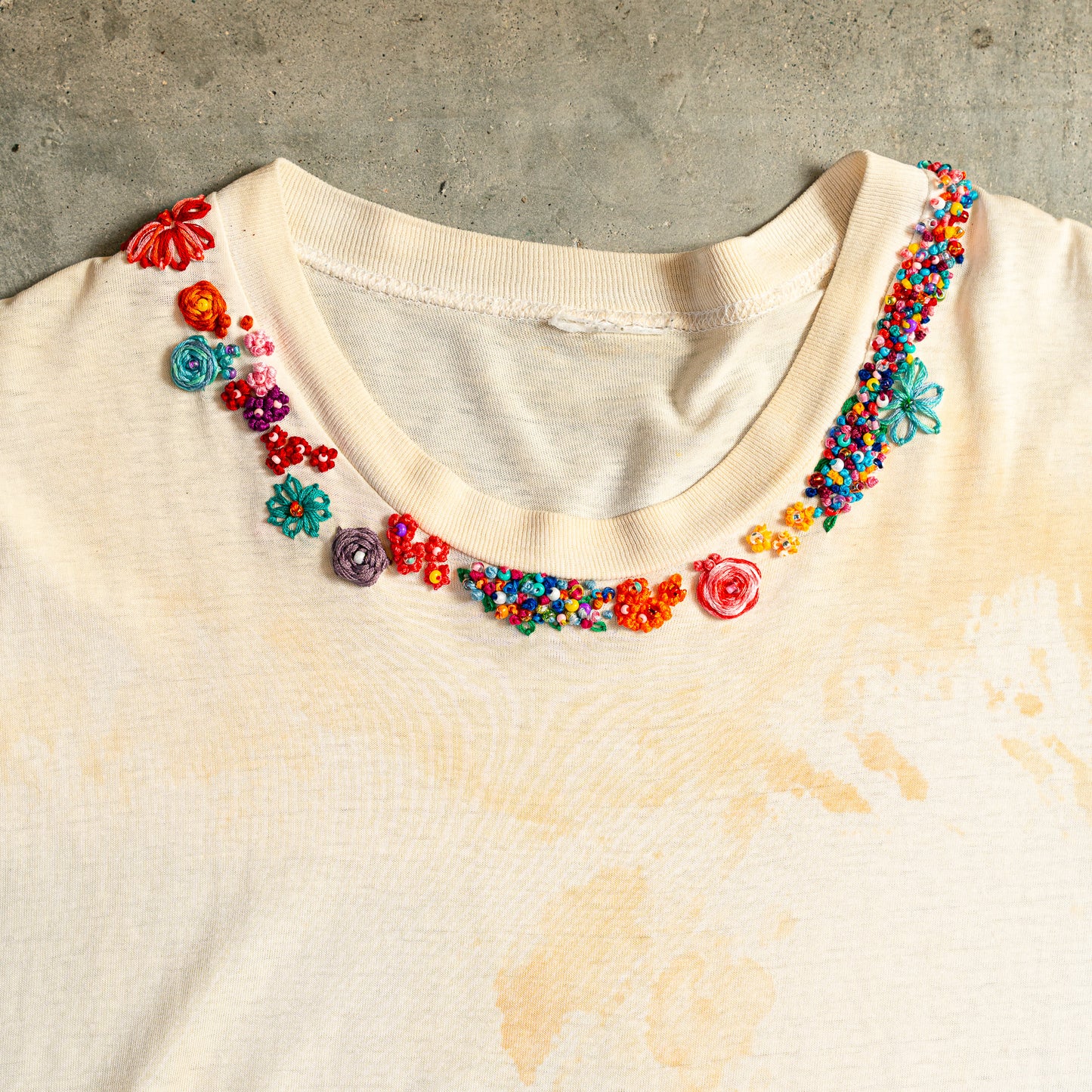 Vintage plain, coffee stained tee with new hand embroidered flowers