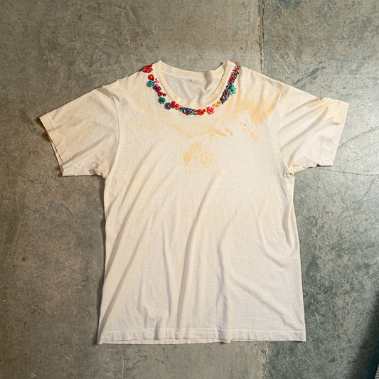 Vintage plain, coffee stained tee with new hand embroidered flowers